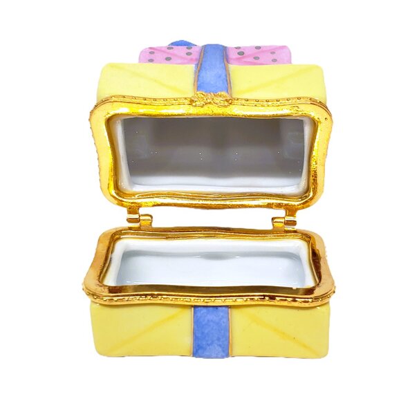 Trinket Gift Box Stack of Birthday Presents Ceramic Hinged Yellow Pink Gold 3" - Picture 5 of 7